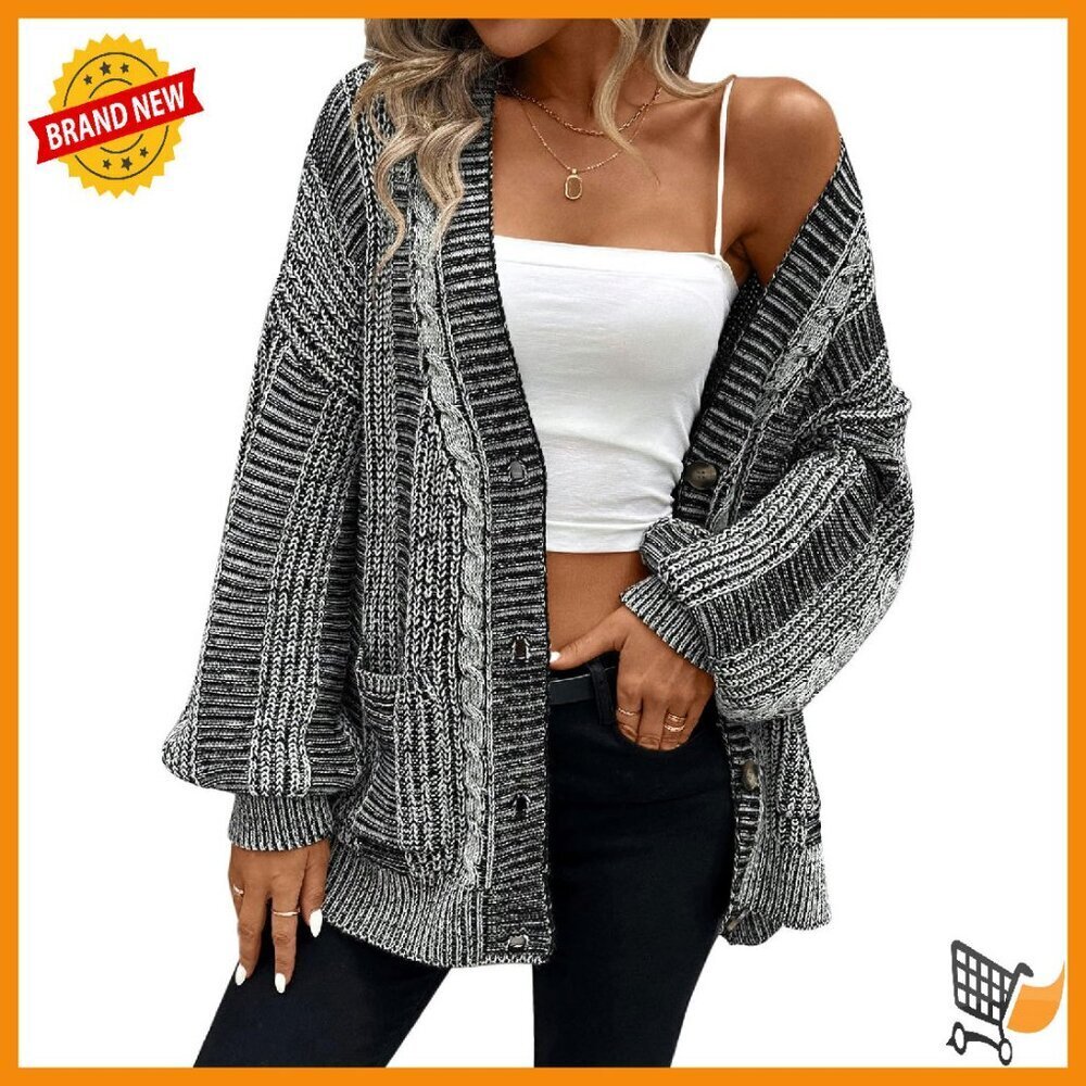 Oversized Cable Knit Cardigan Sweater with Pockets, Long Sleeve